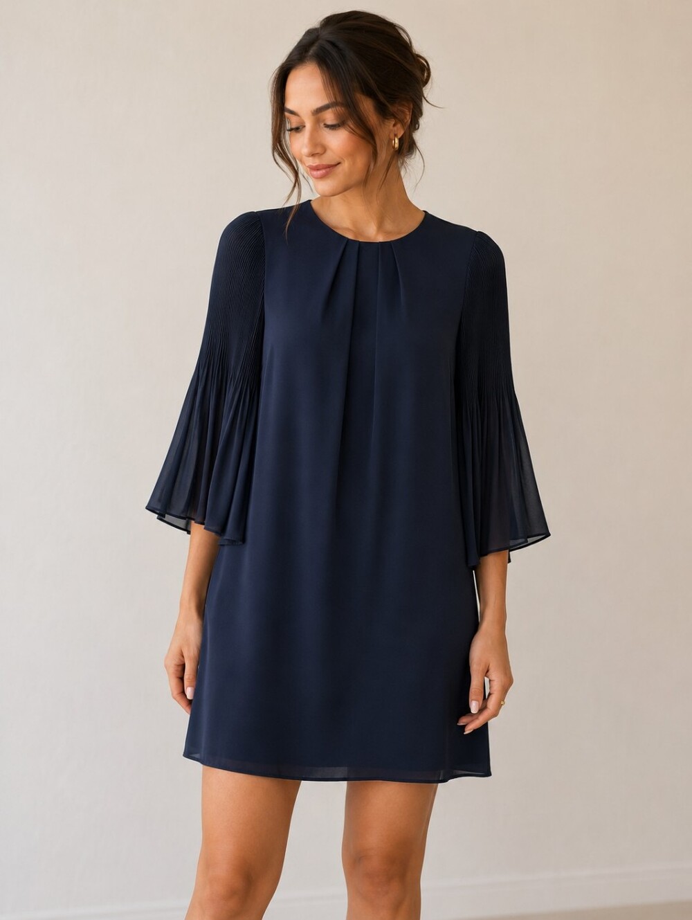 H&M Dark Navy Pleated Sleeve Mini Dress
